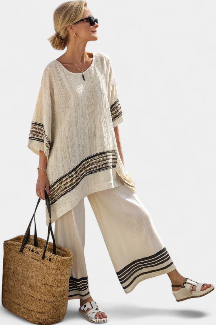 Anila - Ensemble Élégant Deux Pièces en Lin avec Motif Rayé