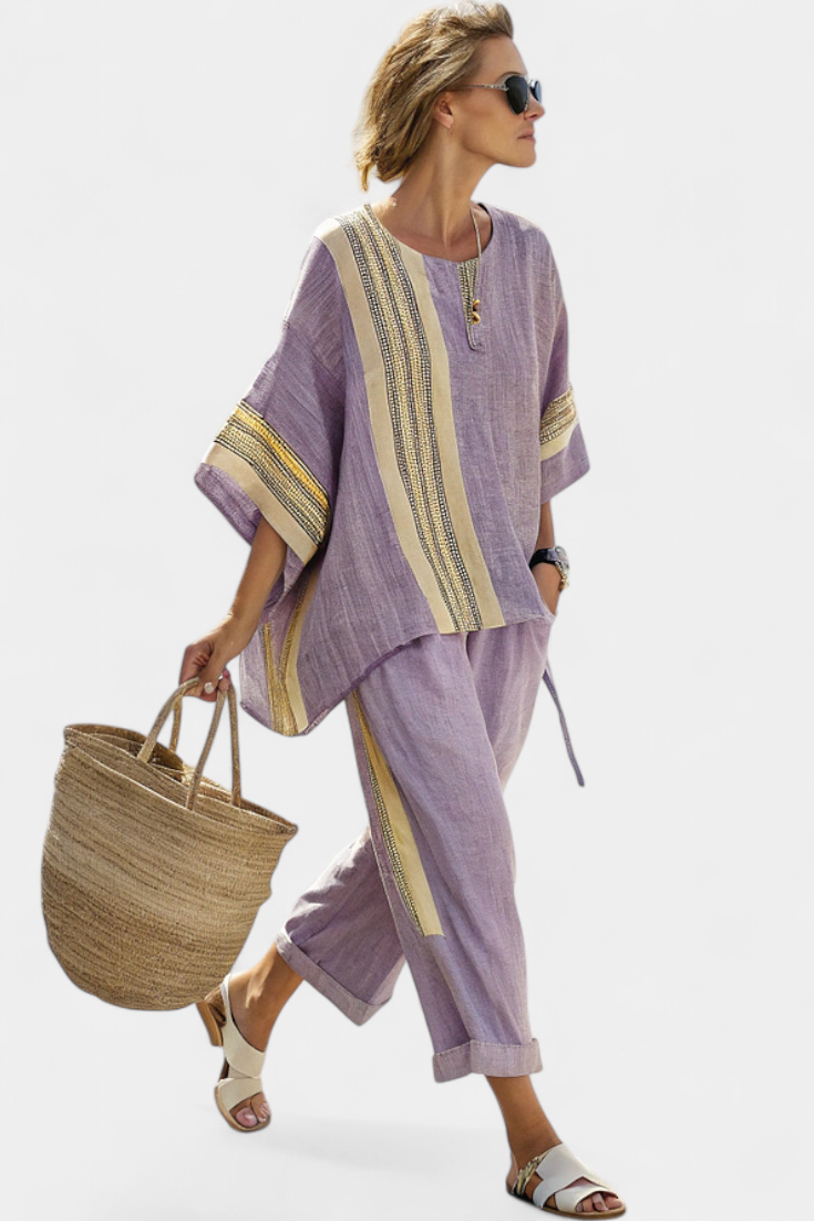 Anila - Ensemble Élégant Deux Pièces en Lin avec Motif Rayé