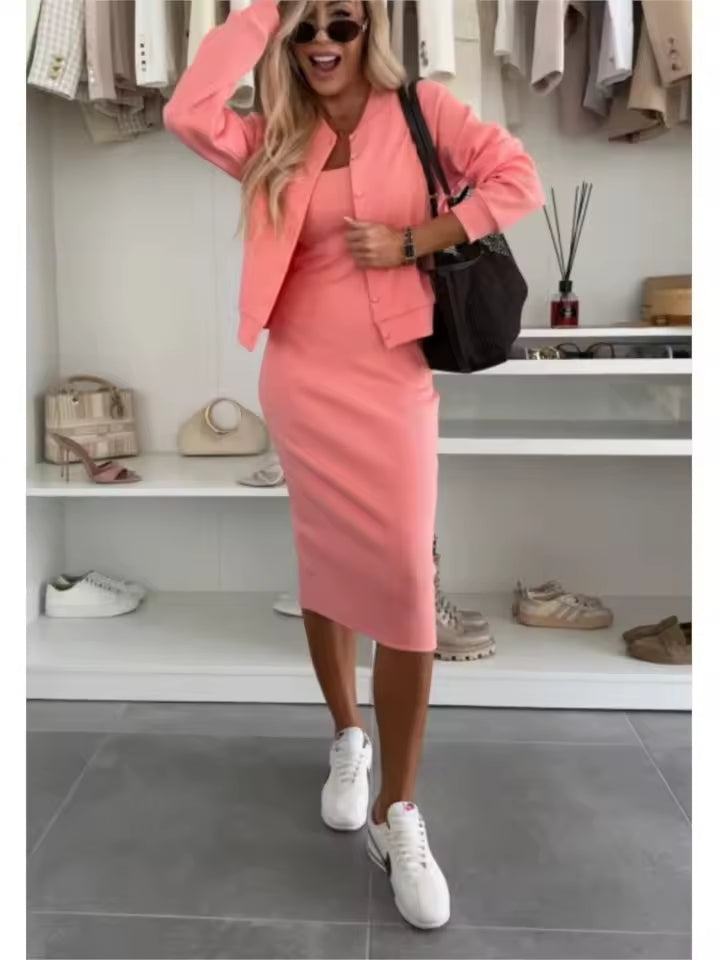 Karin™ | Robe midi en maille côtelée & ensemble de bomber