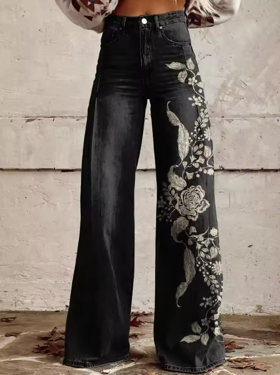 ECSLISSI | Pantalons Vintage Noir Floraux Chic