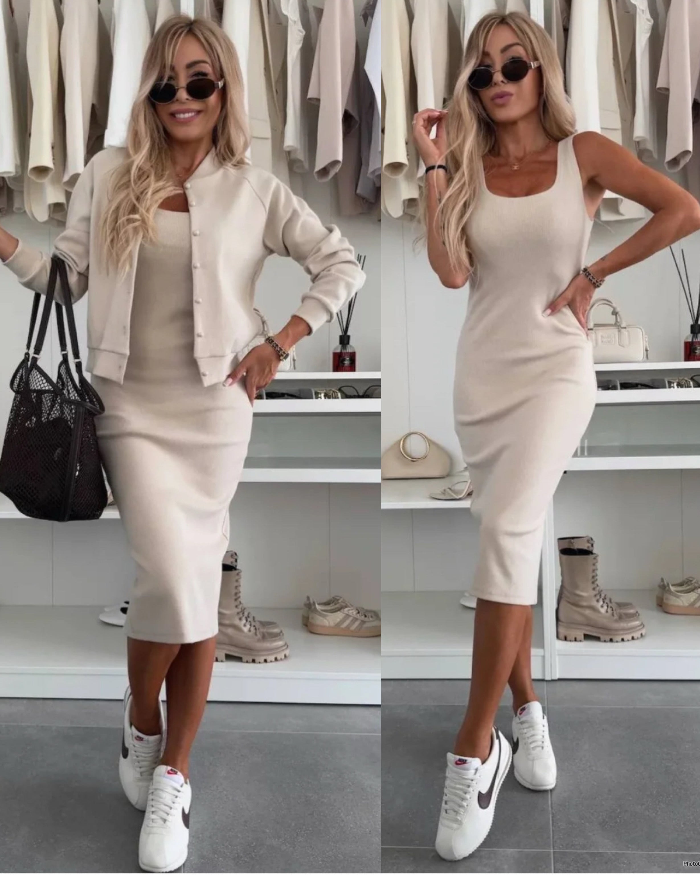 Karin™ | Robe midi en maille côtelée & ensemble de bomber
