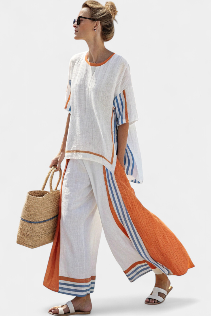 Anila - Ensemble Élégant Deux Pièces en Lin avec Motif Rayé